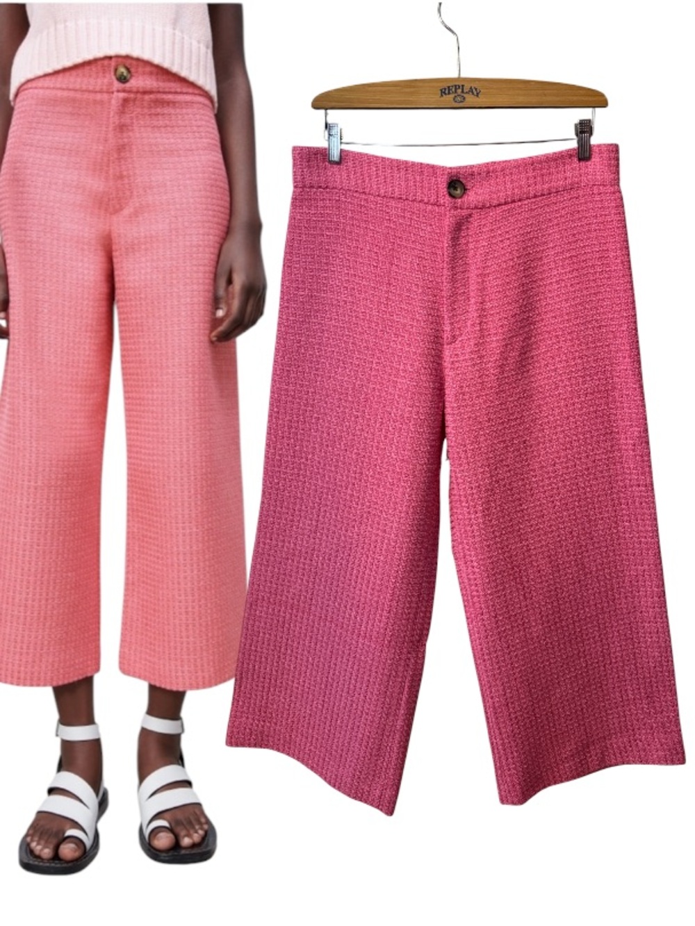Zara Pink Cropped Wide-Leg Tweed Trouser Culottes Pants Size XL